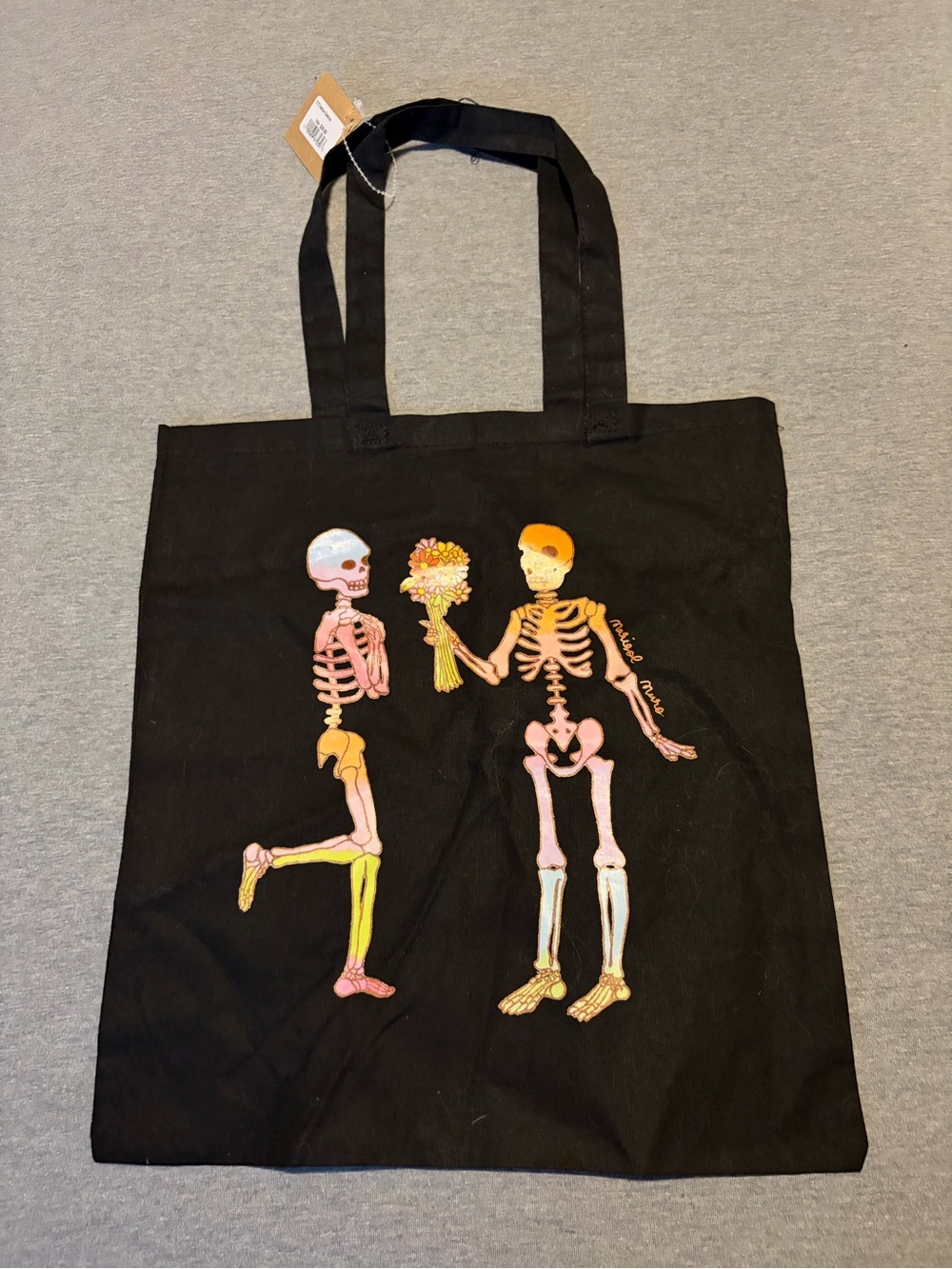 Black Tote Bag with Colorful Skeleton Graphic
